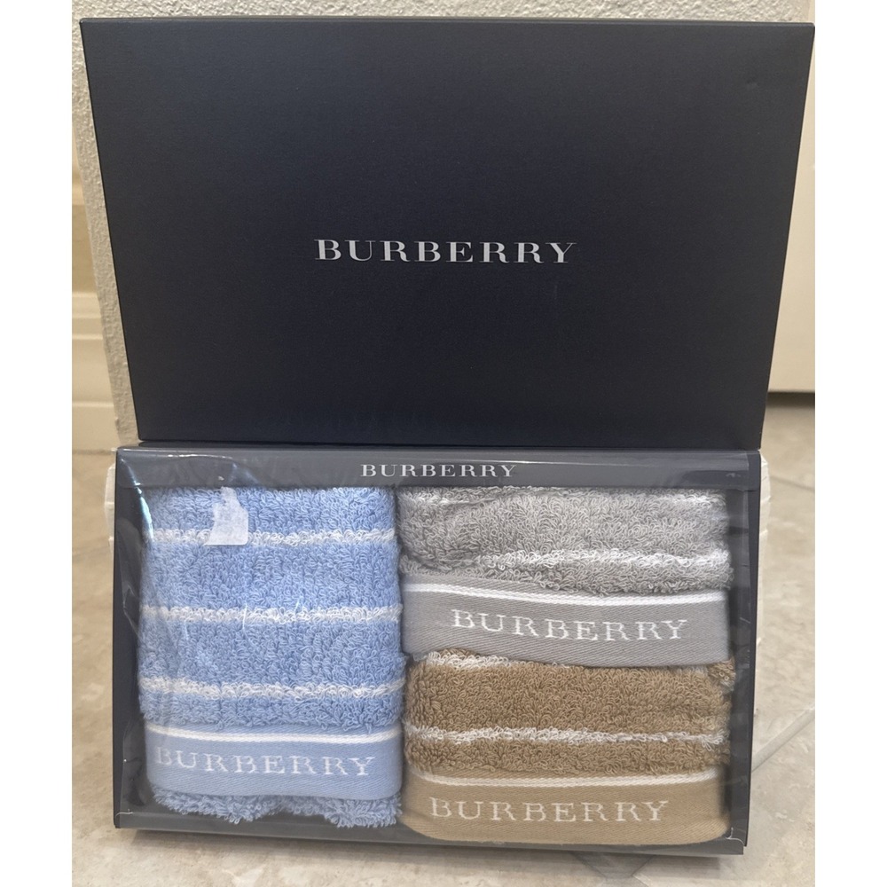 NWOT Burberry Small Towel Gift Set Of 3 In Box In Plastic‎ Blue Brown & Gray